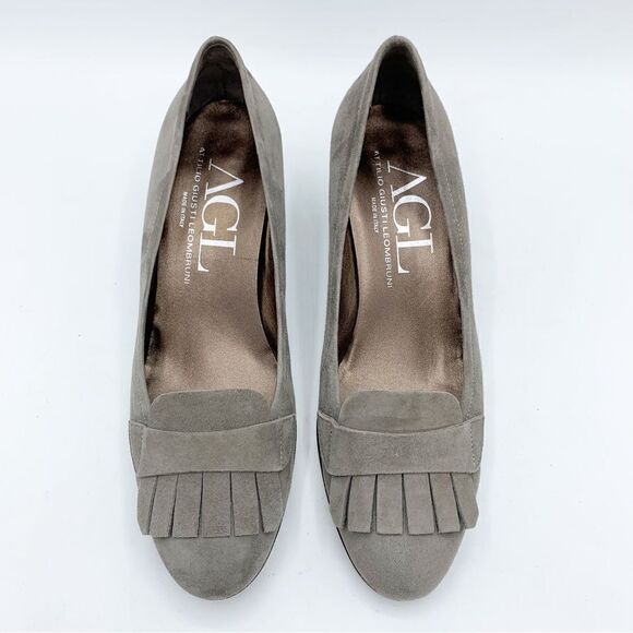 AGL • Gray Suede Heeled Kilty Fringed Loafers - Picture 9 of 13